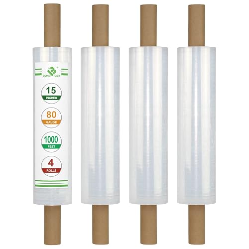 BOMEI PACK Stretch Film Wrap - Industrial Clear Plastic Stretch Wrap 1000 Feet 80 Gauge 4 Packs with Handle, Pallet Wrap for Packing, Moving Supplies, Packing Wrap Plastic Roll 15 Inches