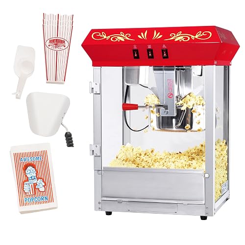 Great Northern Popcorn Foundation Countertop 8oz Popcorn Machine, Red | Antique Movie Theater Style Popcorn Maker Machine with 8oz Stainless Steel Kettle, Old Maids Drawer, Warming Tray and Scoop