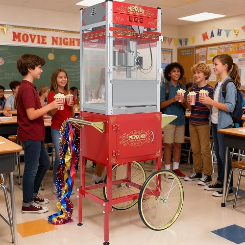 Commercial Popcorn Machine 32OZ with Cart - Stainless Steel Kettle Popper with Wheels, Warming Deck & Tempered Glass, for Business, School, Corporate, Institutional, Theater, Home Use, Red