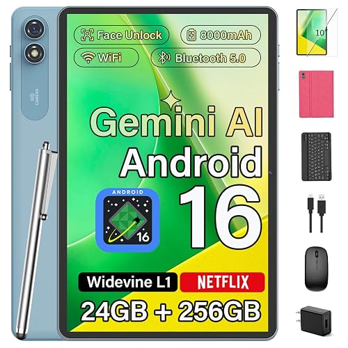 Android 10 inch Tablet with Keyboard, Android 16, 24GB+256GB+2TB-Pink Case | Electronic Tablet with 8-Core, Gemini AI, WiFi, 8000mAh, GPS, 2-in-1 Tablet with Case/Mouse/Stylus