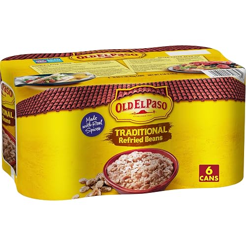 Old El Paso Traditional Refried Beans, 6 ct, 96 oz | 6g Fiber per Serving, Microwave or Stovetop Ready in Minutes, Bulk Pack for Large Gatherings or Pantry Stocking