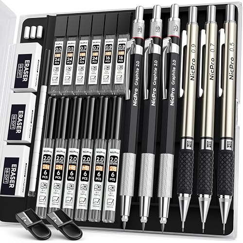 Nicpro 6PCS Art Mechanical Pencil Set, 0.5/0.7/0.9/2mm Point | Metal Drafting Pencil, 12 Tubes Lead Refills, 12 Erasers, Graphite Lead Holder (2B HB 2H) For Writing, Sketching Drawing
