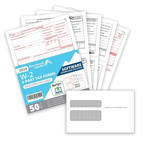 Blue Summit Supplies W2 2026 Tax Kit, 50 Pk, 6 Part, TaxRight, Envelopes | 50 employee sets, 6 part copies, 3 W3 transmittals, TaxRight software download, self seal envelopes, QuickBooks