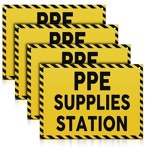 Yaocom 4 Pcs PPE Supplies Station Signs 10"x7" PPE Equipment Safety Signs | PVC Waterproof with Rounded Corners, for Workplace, Warehouse, Construction Site, Indoor & Outdoor, Yellow on Black