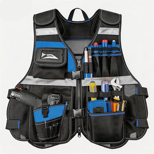 Electrician Tool Vest for Men with Molded Drill Holster – 1680D Heavy Duty Oxford Work Vest, 16 Pockets Adjustable Reflective Safety Tool Vest, Blue