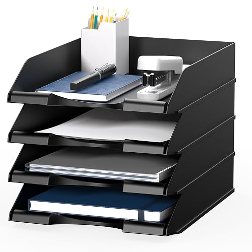 4 Pack Stackable Paper Trays for Letter Documents, Desktop File Organizers for Office Supplies, Stackable Desk Tray Holder for Paper Storage, Black