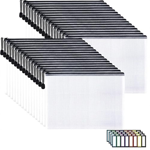 EOOUT 32pcs A4 Zipper Pouch Bags, Mesh Pouch Bags with Labels for Board Games & Puzzles Supplies, Waterproof Document Zipper Cases for School Toys Office Cosmetics Travel Storage,Black