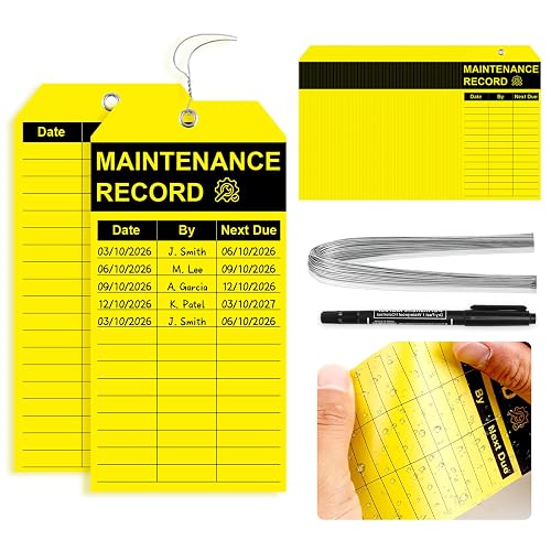 100 Pack Waterproof Maintenance Record Tags with Wire Double-Sided Inspection Tags 3.14" x 6.3" Yellow Plastic Safety Inspection Record Tag with Marker for HVAC Systems Industrial Equipment Outdoor