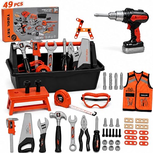 49-Piece Kids Builder Dress-Up Set with Toy Drill and Storage Box, Ages 3-7 | Washable builder vest and goggles, 3 drill bits, building pieces, portable storage, and hands-on pretend-play projects
