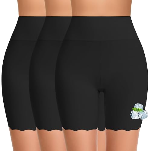 FRESBEIT Cooling Slip Shorts for Women Under Dress Anti Chafing Biker Short | High-Waisted seamless shapwear shorts scalloped edge safety boyshorts panties underwear workout shorts for under dresses