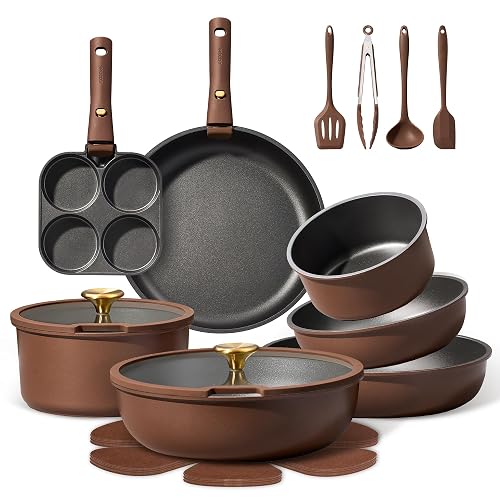 CAROTE 21pcs Pots and Pans Set, Nonstick Cookware Set Detachable Handle, Induction Kitchen Cookware Sets Non Stick with Removable Handle, RV Cookware Set, Oven Safe, Brown