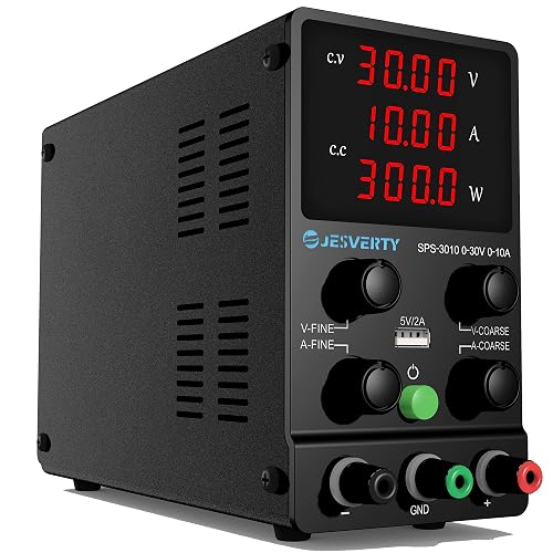 Jesverty DC Power Supply Variable, 0-30V 0-10A Adjustable Switching DC Regulated Bench Power Supply with High Precision 4-Digit LED Display, 5V/2A USB Port, Coarse and Fine Adjustment SPS-3010