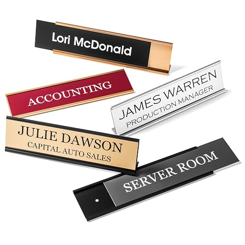 Providence Engraving Custom Engraved Name Plate with Aluminum Holder | Acrylic Name Plate for Desks & Walls, 2 Lines of Text, 12 Colors, 9 Fonts, 6 Holder Styles, 2" x 8"