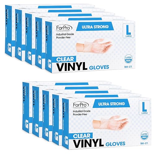 ForPro Disposable Vinyl Gloves, Industrial Grade, Powder & Latex Free, Non-Sterile, Food Safe, 2.75 Mil Palm, 3.9 Mil Fingers