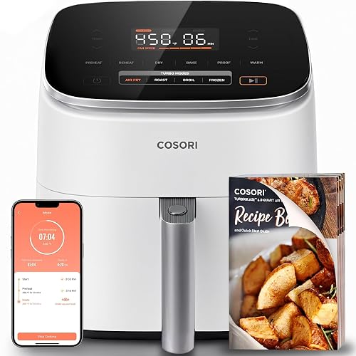 Cosori TurboBlaze Smart Air Fryer 6 Qt, Shake Reminders, 9-in-1, Cream | 90°–450°F, 5 Fan Speeds, 9 in 1 Air Fry, Roast, Bake, Broil, Dry, Frozen, Proof, Reheat, Keep Warm, Remote Control, nonstick