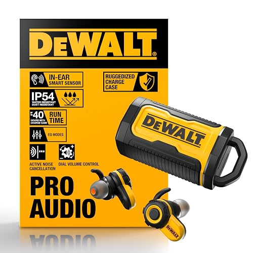 DEWALT Jobsite Pro X2 True Wireless Work Earbuds — ANC Active Noise Cancelling, Glove-Friendly Dial Control, 40+ Hour Runtime, IP54 Water Resistant, 4 EQ Modes, Bluetooth