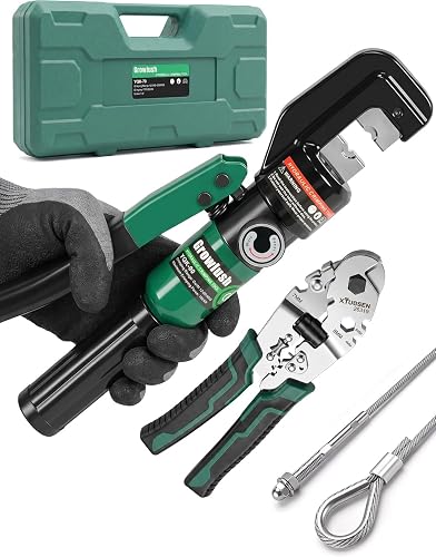 Growlush 10-Ton Hydraulic Swaging Tool, 3/64"-3/16" Wire Rope Crimping Tool | 11 Dies for 3/64"-3/16" Double Barrel Sleeves & Stainless Steel Cable Railing Accessories, Professional Rigging Swager