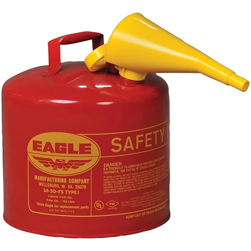 Eagle 5 Gallon Type I Red Safety Gas Can for Gasoline | Flame Arrester, Self-Closing Lid, and F-15 Funnel, Made in the USA, Galvanized Steel Flammable Storage Can, UI50FS