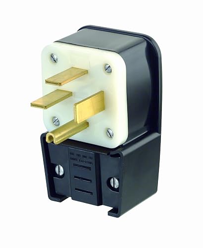 Leviton 50 Amp, 250 Volt, 3PY, Straight Blade, Plug, Industrial Grade, Grounding, Angle, 8452-P, Black