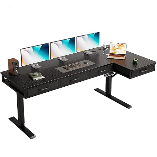 OffiGo 63 Inch L Shaped Electric Standing Desk with 4 Drawers, Black | Reversible Corner Table, Office Desk With 4 Drawers and Outlets For Home Office, Computer Workstation And Sit Stand Use