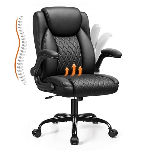 GTPLAYER PU Leather Office Chair, Home Desk Chairs with Memory Foam, Black | Ergonomic Mid Back, 90° Flip-up Arms, Comfy Executive Chair for Home Office Gaming, Flexible Rocking, Heavy Duty Chairs