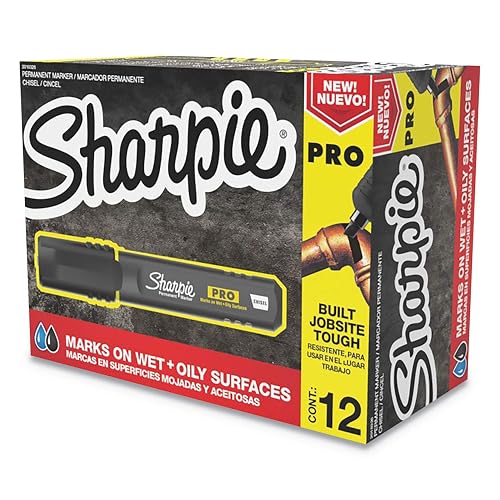 Sharpie Pro Permanent Markers, Anti-Roll Barrel, Chisel Tip, Black, 12 Count - Marks on Wet and Oily Surfaces