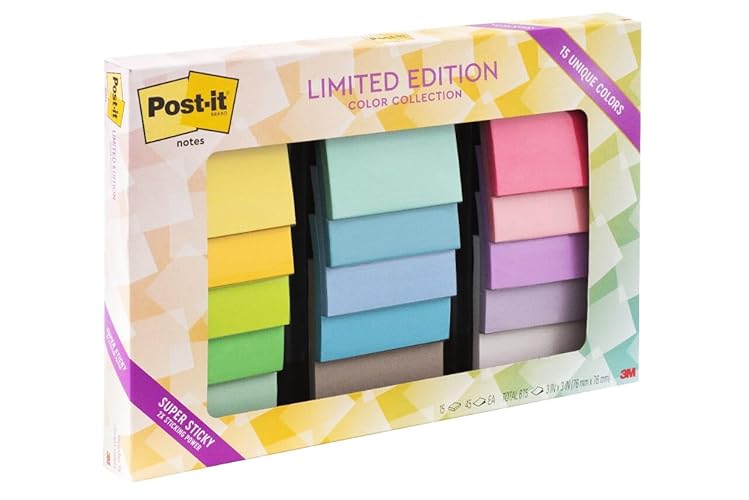Post-it Super Sticky Notes, 3 x 3 in, Assorted Brights, 15 Pads | School Supplies and Oﬃce Supplies, 2X the Sticking Power