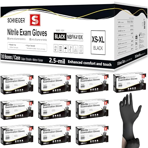 Schneider Black Nitrile Gloves, Gloves Disposable Latex Free, Powder Free | 2.5-Mil, Medical Exam Glove, Food Safe Gloves, Cooking Gloves, Cleaning Gloves