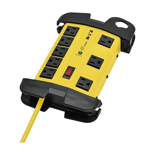 Tripp Lite Eaton TLM812SA Heavy Duty Power Strip with Surge Protection, 8 Outlets, 1500 Joules, Yellow Metal Housing, 12ft Cord, Keyhole Mounting Slots, Cord Wrap, Industrial Garage Work Shop Bench