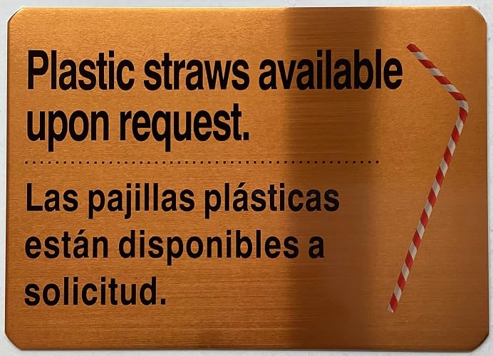 NYC RESTURANT PLASTIC STRAWS AVAILABLE UPON REQUEST SIGN (Gold color, aluminium, Size 5X7 inch)- The Gold Mountain Line