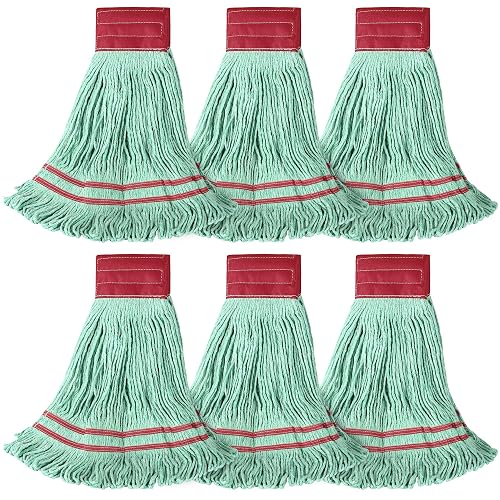 ONESIMUS 30 oz Pack of 6 Cleaning Heavy Duty Industrial Commercial Grade Looped-End Mop Head Replacement,6'' Headband Cotton String Wet Mop Head Refills,Machine Washable Green Mop