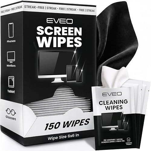 EVEO Screen Wipes (150 Pack) - Electronic Wipes, Computer Screen Cleaner Wipes for Electronics | Computer Screen Wipes & Laptop Cleaner, Phone Wipes, Car Screen Cleaner & More - Microfiber Included