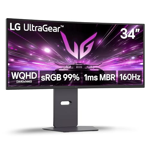 LG 34G600A-B 34-inch Ultragear WQHD (3440 x 1440) Curved Gaming Monitor 160Hz, AMD FreeSync Premium, HDR10, Built-in Speaker, Reader Mode, HDMI 2.1, DisplayPort, Tilt/Height/Swivel Stand, Black