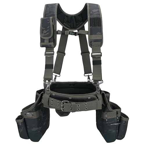 MELOTOUGH Camo Tool Belt with Suspenders Camouflage Tool Pouch Organizer Supenders Framers Combo Apron Tool Belt Construction Tool Bag Suspenders Heavy Duty Carpenter Suspension Rig (Green Camo)
