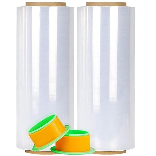 2 Pack Clear Stretch Film Industrial Strength 12'' x 1000 feet 80 Gauge with Plastic Handle, Clear Wrapping Shrink, Durable Self-Adhering Plastic Wrap for Moving, Shipping CHUANGSEED