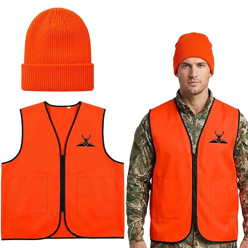 BOARDFEB Hunting Hat and Vest Set Orange Hunter Safety Vest with Pockets and Beanie High Visibility Cloth for Outdoor Hunting Sports Camping
