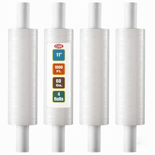 Simply Cool 4 Pack Stretch Wrap 11 Inch 1000 Ft 60 Gauge with Handle | Heavy Duty Industrial Strength Shrink Wrap Roll for Moving Supplies, Furniture, Pallet Wrapping and Packing Stretch Film