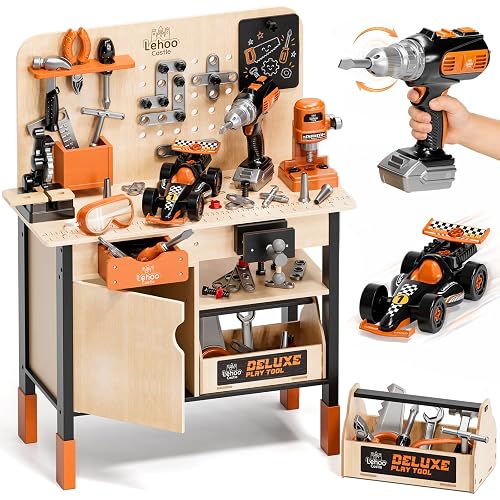 Lehoo Castle Kids Tool Bench, Wooden Workbench with Realistic Toy Drill | STEM Pretend Play Construction Tool Set with DIY Race Car, Tool Box & Storage, FSC-Certified Wood Gift for Boys Girls 3-9