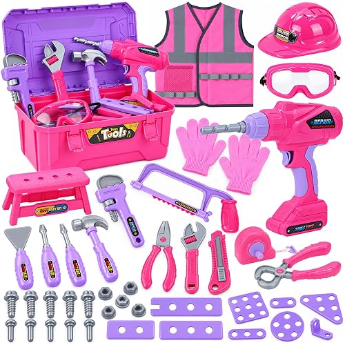 Magic4U Kids Tool Set with Electric Drill,Safety Vest,Girls Toy for Age 3-8 | Pretend play construction toolbox toy, working drill with realistic sounds, safety costume, ABS plastic,Toddler STEM learning