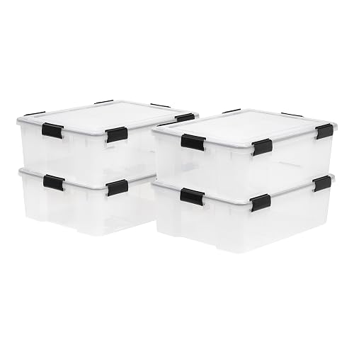 IRIS USA 4-Pack 41 Qt Storage Bins with Gasket Lids, Clear/Black | WeatherPro seal helps protect bulky items for moving, garage, attic and basement storage