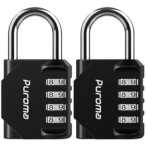 Puroma 2 Pack Combination Lock Locker 4 Digits Combo Padlock Gym Black | For School Gate Fence Toolbox Hasp Storage, Outdoor, Resettable, Weatherproof, Side Window, Crack Cut Resist, Hardened Steel