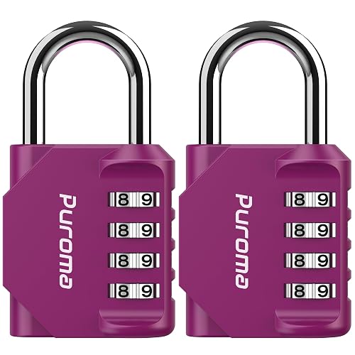 Puroma 2 Pack Combination Lock Locker 4 Digits Combo Padlock Gym Red-Violet | For School Gate Fence Toolbox Hasp Storage, Outdoor, Resettable, Weatherproof, Side Window, Crack Cut Resist, Hardened Steel