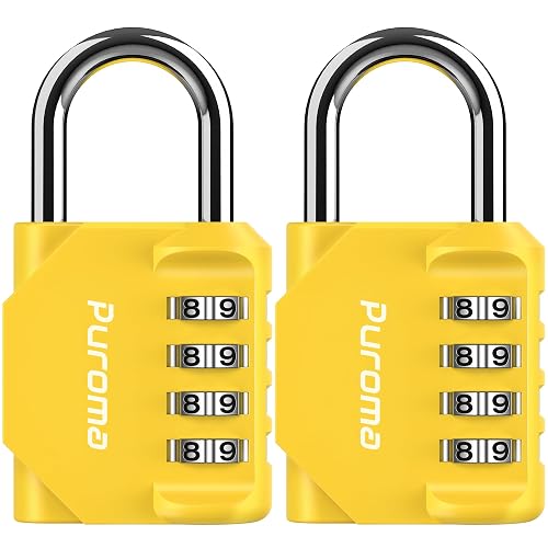 Puroma 2 Pack Combination Lock Locker 4 Digits Combo Padlock Gym Yellow | For School Gate Fence Toolbox Hasp Storage, Outdoor, Resettable, Weatherproof, Side Window, Crack Cut Resist, Hardened Steel