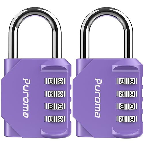 Puroma 2 Pack Combination Lock Locker 4 Digits Combo Padlock Gym Purple | For School Gate Fence Toolbox Hasp Storage, Outdoor, Resettable, Weatherproof, Side Window, Crack Cut Resist, Hardened Steel
