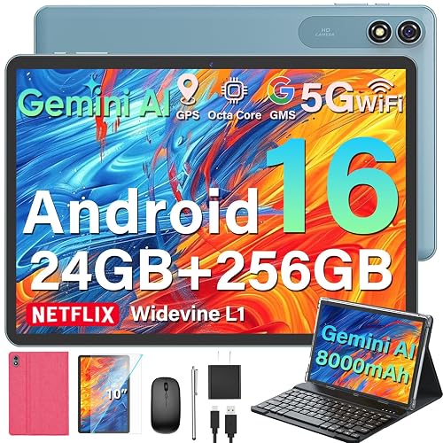 YLEEBG 2026 Upgraded Android 16 Tablet, 10 inch Tablet with Keyboard (Pink) | 24GB+256GB+2TB Expand, Gemini AI Tablet PC with 8-Core, 8000mAh, WiFi, Electronic 2-in-1 Tablets with Case, Mouse, Stylus