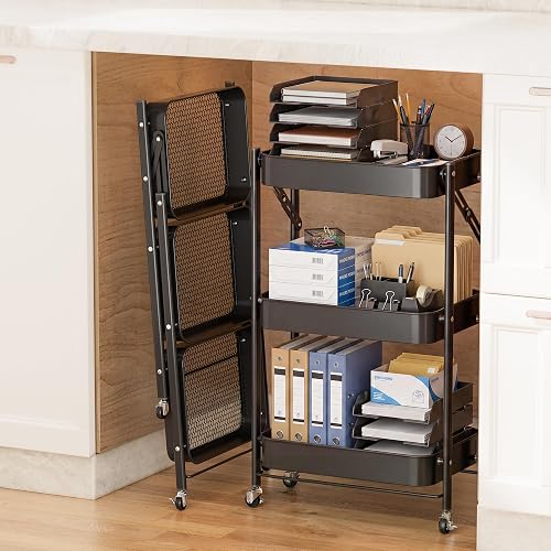 JAQ 3-Tier Foldable Rolling Cart with Wheels, No Assembly Required Metal Storage Cart, 26.8" Low Profile Under Desk Organizer, 10" Wide Narrow Utility Cart for Small Spaces, Black