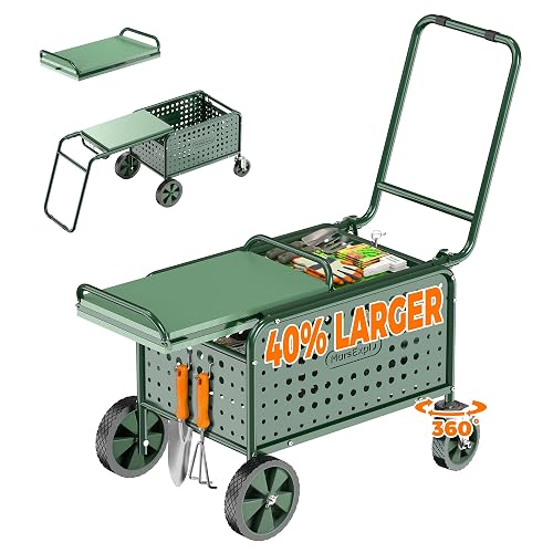 Rolling Garden Work Seat with Wheels, Upgraded Heavy Duty Cart for Seniors with Rotatable 360-Degree Wheels and Extended Handle, Garden Seat with Wheels for Lawn, Patio & Backyard Gardening, Green