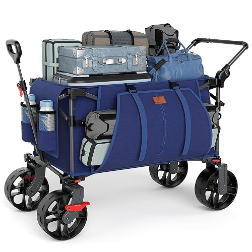 EVER ADVANCED Folding Push Wagon with Brakes, Portable Shopping Cart | Push and Pull Wagon, Collapsible Wagon Cart with All-Terrain Big Wheels for Beach, Camping, Sports