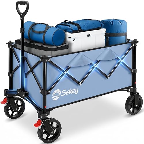 Sekey Collapsible Wagon, 300 lb Capacity, 29 in Cargo Bed, Compact Fold | Foldable wagon cart with 29 x 18 x 14 in cargo bed, 300 lb steel frame, 600D Oxford fabric and 1.2 cu ft folded storage.
