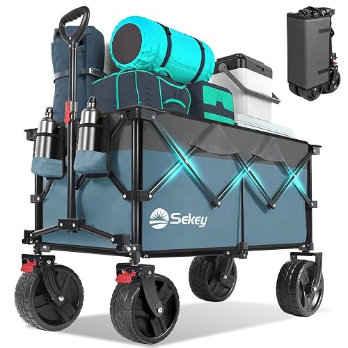 Sekey 220L Beach Wagon, 440 lb Capacity, Foldable, 8 in Wide Wheels | Beach wagon and collapsible wagon cart with 8 x 3 in wide-tread wheels, brakes, 360-degree steering and 1.36 cu ft storage.